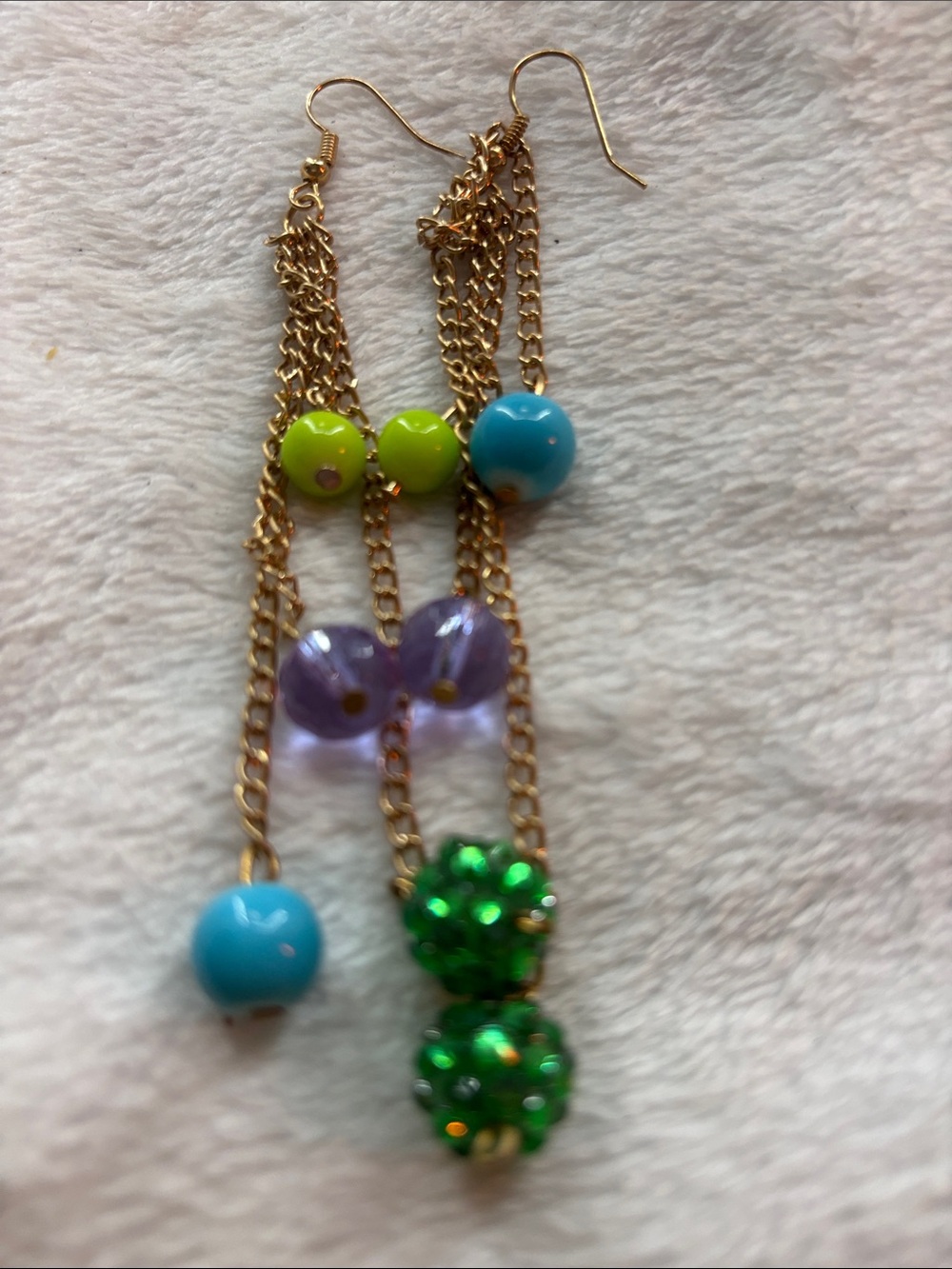 Gold Chain Drop Earrings with Green, Blue, Purple Beads